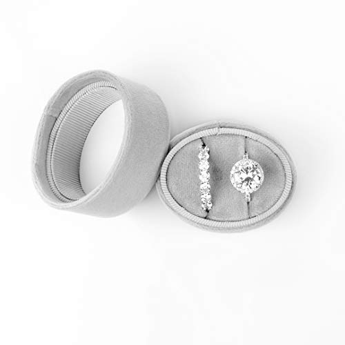 Koyal Wholesale Double Oval Velvet Ring Box, Vintage Gray Wedding Ceremony Ring Box with Detachable Lid, 2 Piece Engagement Ring Box Holder, Proposal Idea, Slim Ring Box with Cushion