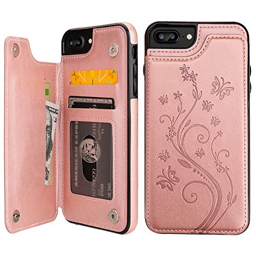 Vaburs iPhone 7 Plus iPhone 8 Plus Case Wallet with Card Holder, Embossed Butterfly Premium PU Leather Double Magnetic Buttons Flip Shockproof Cover for iPhone 7/8 Plus Case (Rose Gold)