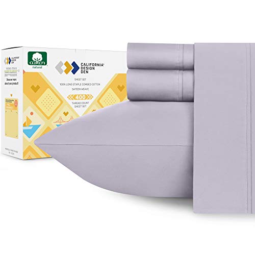 Book Cover Luxury 400-Thread-Count 100% Pure Natural Cotton Sheet Sets - 4-Piece Lavender Grey King Size Sheet Set Long-Staple Premium Cotton Yarns Hotel Quality Fits Mattress 16'' Deep Pocket
