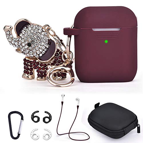 TOROTOP Compatible for Airpods Case, 7 in 1 Silicone Protective Airpod Case Cover Accessories with Bling Elephant Keychain/Strap/Ear Hook/Storage Box Compatible for Apple Airpods 1& 2 Women(Burgundy)