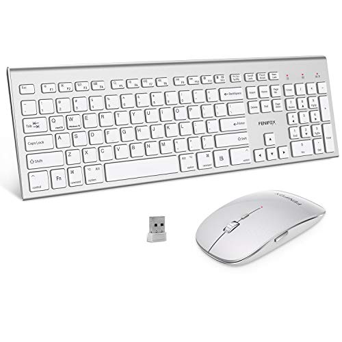 Book Cover FENIFOX Wireless Keyboard and Mouse,Full-Size USB Dual System Switching Double Ergonomic Compatible with PC Desktop Computer macOS Windows -Silver White