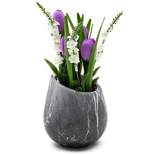 Book Cover Forever Sprouts Premium Silk Purple Tulip Flowers in a Compact Ceramic Pot with Marbled Effect - Luxurious Artificial Plants for Home Decor and Table Centerpieces, Offices, Shelves, Decorations.