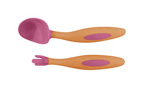 Book Cover b.box Toddler Easy Grip Cutlery Set with Case, Strawberry Shake, Includes 1 Spoon and 1 Fork, BPA-Free, Phthalates & PVC Free, Dishwasher Safe