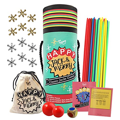 HAPPY JACK & MERRY Metal Jacks Game with Ball Classic and Pick Up Sticks,12 Metal Jax and 2 Sizes of Bouncy Red Ball with Bag for Family Games Night