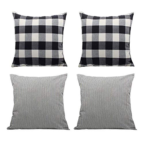 Book Cover COMHO Pack of 4, Cotton Woven Farmhouse Decorative Throw Pillow Covers, Rustic Cushion Covers, Square Buffalo Checker & Stripe Pillowcase for Sofa Bed (Pack of 4, 18''X18'')