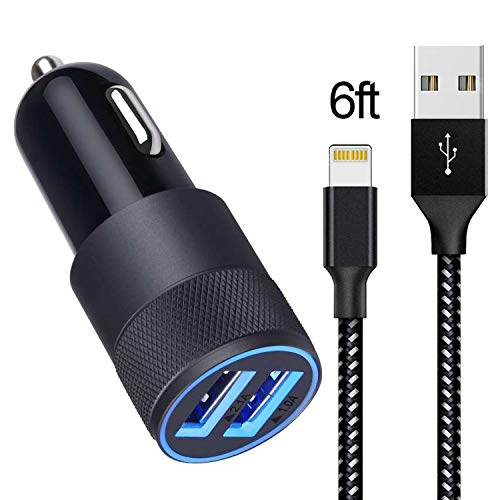 Book Cover Car Charger Compatible with iPhone XR/XS MAX/X / 8/8 Plus / 7/6 / 6s Plus 5S 5 5C SE,iPad,iPad Mini and More, 3.1A Dual Port USB Car Charger Adapter with 6ft Nylon Braided Charging Cable