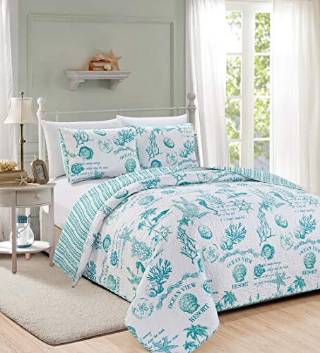 Book Cover Great Bay Home 3 Piece Quilt Set with Shams. Soft All-Season Microfiber Bedspread Featuring Attractive Seascape Images. Machine Washable. Catalina Collection (King, Aqua)