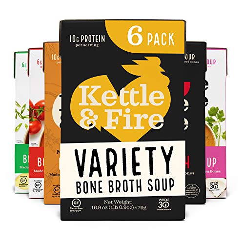 Kettle and Fire Mushroom Chicken, Beef, Chicken, Thai, Tomato, Miso Bone Broth Soup Variety Pack, Gluten Free, High in Protein and Collagen, 6 Pack