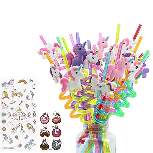 24 Value Pack of Fun Unicorn Straws, Multiple Designs, Full Unicorns, Unicorn Stickers and Tattoos, Twist Design, Many Unique Unicorn Designs and Colors, Perfect Unicorn Party Favor