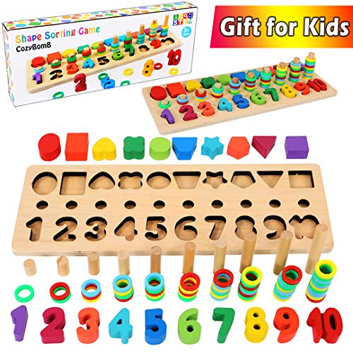 Book Cover CozyBomB Wooden Number Puzzle Sorting Montessori Toys for Toddlers - Shape Color Sorter Game for Age 3 4 5 Kid - Preschool Education Math Stacking Block - Learning Wood Toy - Chunky Jigsaw Board Gift