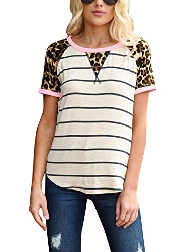 Hilltichu Women's Leopard Stripe Short Sleeve Tees T-Shirt Casual Round Neck Tops