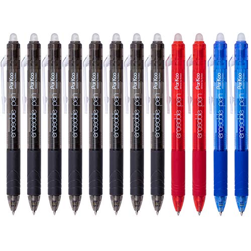 ParKoo Retractable Erasable Gel Pens Clicker Fine Point 0.7 mm, No Need for White Out, 8 Black/2 Blue/2 Red Ink for Completing Sudoku and Crossword Puzzles, 12-Pack