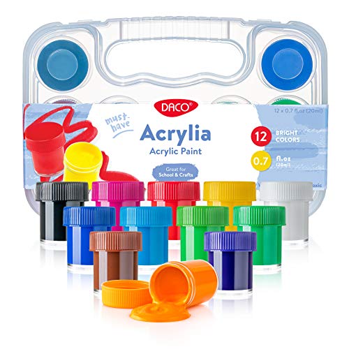 DACO Acrylia Kids Paint, Art Set of 12 Colors, 0.7 fl.oz (20ml) Paint Pots with Carry Case, Non Toxic Acrylic Paint Set for Arts and Crafts, School Painting Supplies, Outdoor & Indoor Use Paint Set