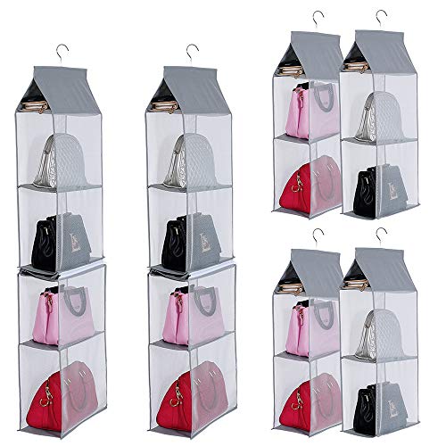 Book Cover KEEPJOY Detachable Hanging Handbag Purse Organizer for Closet, Purse Bag Storage Holder for Wardrobe Closet with 4 Shelves Space Saving Purse Organizers System (Pack of 2 Grey)