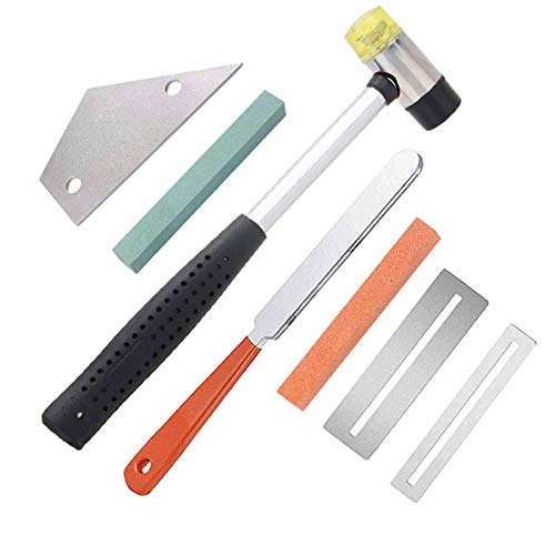 Book Cover Guitar Luthier Tool Kit, Guitar Fret Crowning File, Double Headed Guitar Bass Fret Wire Rubber Hammer,Stainless Steel Fret Rocker, 2 Pcs Fingerboard Guards Protectors and Grinding Stone