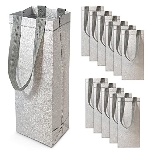 Wine Gift Bag - 12 Pack Silver Reusable Wine Bottle Gift Totes with Handles, Glitter Metallic Bling Shimmer for Party Favors, Weddings, House Warming, Holidays, Bachelorette Parties, Bulk - 5x4x14