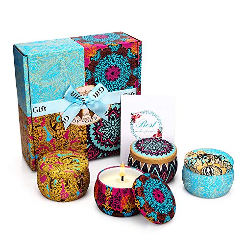 YINUO MIRROR Scented Candles Gift Set, Natural Soy Wax 4.4 Oz Portable Travel Tin Candles Women Gift with Strongly Fragrance Essential Oils for Stress Relief and Aromatherapy - 4 Pack