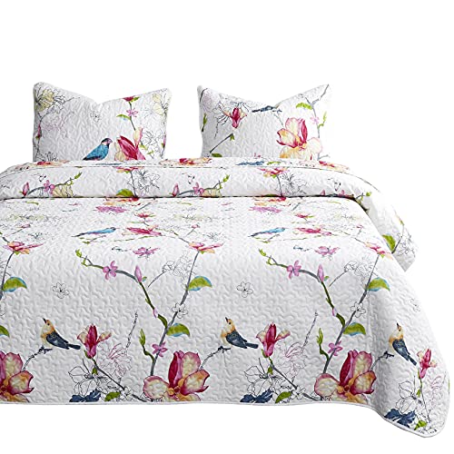 Book Cover Wake In Cloud - Floral Quilt Set, Botanical Flowers and Birds Pattern Printed, 100% Cotton Fabric with Soft Microfiber Inner Fill Bedspread Coverlet Bedding (3pcs, King Size)
