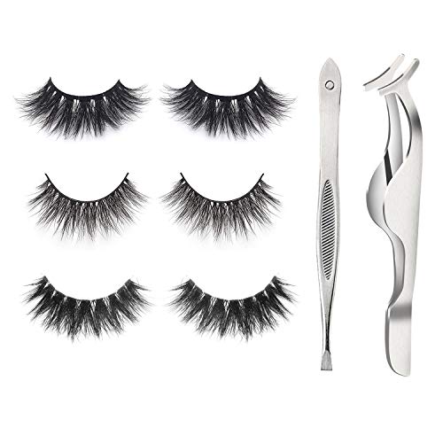 3 Pairs Real Mink Lashes 3 Styles 3D Mink Eyelashes 100% Siberian Mink Fur Handmade False Lashes,Reusable False Eyelashes Set for Natural Look with Fake Lashes Applicator, Eyebrows Tweezer