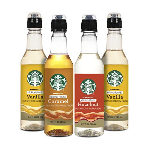 Starbucks Naturally Flavored Coffee Syrup Variety Pack, 2 Vanilla, 1 Hazelnut, 1 Caramel (4 Bottles Total)