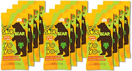 BEAR Sour - Real Fruit Yoyos - Mango-Apple - 0.7 Ounce (12 Count) - No added Sugar, All Natural, non GMO, Gluten Free, Vegan - Healthy on-the-go snack for kids & adults