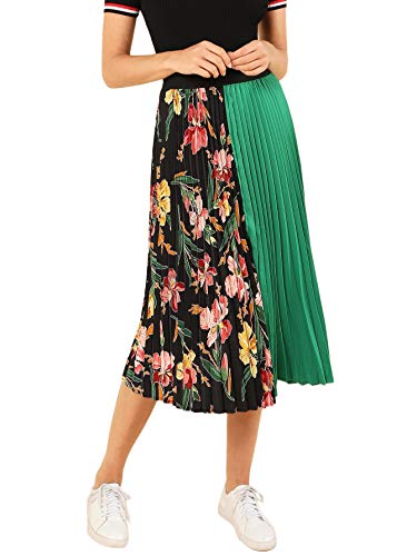 SheIn Women's Summer Color Block Floral Midi A-Line Pleated Skirt