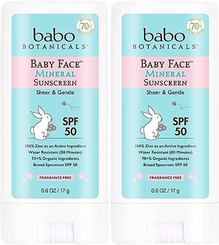 Book Cover Babo Botanicals Baby Face Mineral Sunscreen Stick SPF 50, Fragrance-Free, Unscented, 2 Count