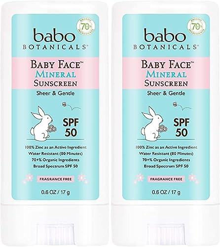 Babo Botanicals Baby Face Mineral Sunscreen Stick SPF 50, Fragrance-Free, Unscented, 2 Count