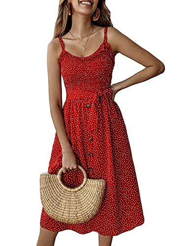 Women Summer Boho Spaghetti Strap Backless A-Line Button Down Midi Dress with Belt and Pockets