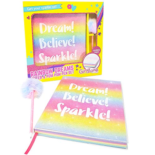GirlZone: Glitter Rainbow Notebook and Pom Pom Pen Gift Set for Girls, Birthday Gift For Girls