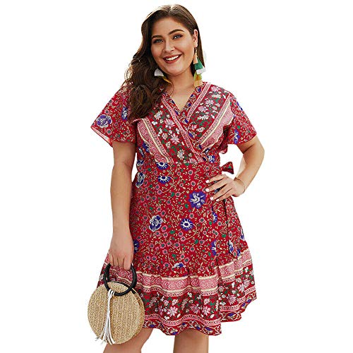 Holagift Women's Plus Size Dress Boho Floral Print Belt Tie Wrap Casual Summer Beach Dress