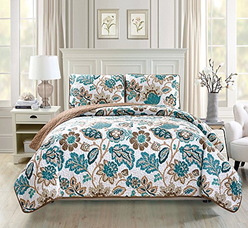 Book Cover Linen Plus Quilted Bedspread Set Oversized Coverlet Floral Brown Teal White New (King/Cal King)