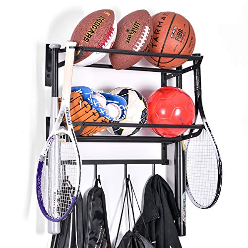 Sunix Sport Storage Rack Wall Mount Shelf Equipment Organizer Storage Ball Rack with Hooks, 2 Racks, Black