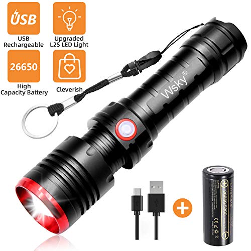 Wsky S3000 LED Tactical Flashlight - Brightest High Lumen with 7500mAh 26650 Rechargeable Battery, Muti-modes, Zoomable and Water Resistant, High-powered Outdoor and Emergency Gift-giving Flashlight