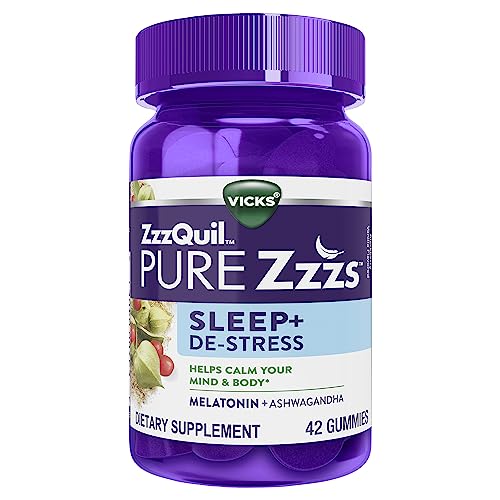 Book Cover ZzzQuil PURE Zzzs De-Stress Melatonin Sleep Aid Gummies, Helps Calm Your Mind and Body, Ashwagandha for Stress Support, Sleep Aids for Adults, 1 mg per gummy, 42 Count