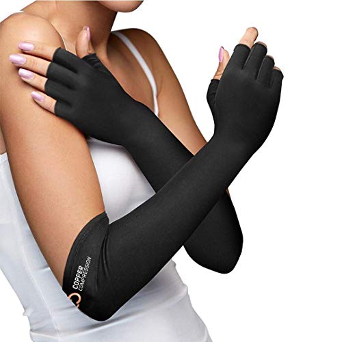 Copper Compression Long Arthritis Gloves - Copper Infused Extra Long Fit Glove for Women & Men. Best for Carpal Tunnel, Computer Typing, RSI, Support Hands, Wrist and Arms - 1 PAIR