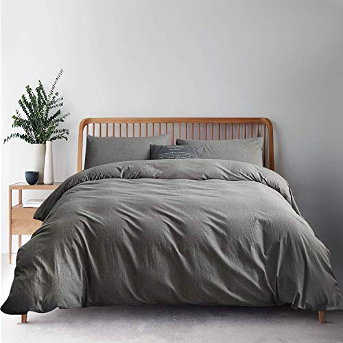 ATsense Duvet Cover Queen, 100% Washed Cotton, Bedding Duvet Cover Set, 3-Piece, Ultra Soft and Easy Care, Simple Style Comforter Cover Set (Neutral Grey 7006-3)