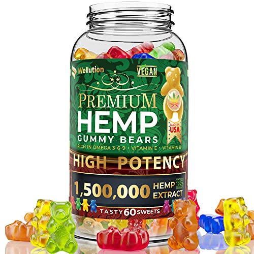 Wellution Hemp Gummies 1,500,000 XXL High Potency - Fruity Gummy Bear with Hemp Oil. Natural Hemp Candy Supplements for Stress and Inflammation - Promotes Sleep and Calm Mood