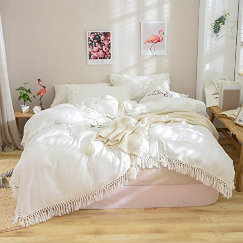 Book Cover Softta Luxury and Elegant White Bedding Twin XL 3 Pcs Tassel Bohemian Duvet Cover 100% Washed Cotton