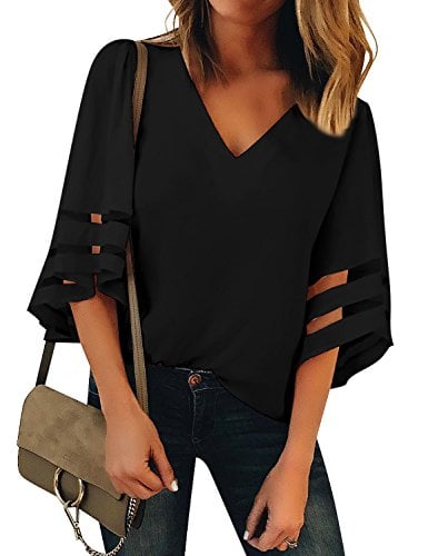 Book Cover LookbookStore Women's V Neck Mesh Panel Blouse 3/4 Bell Sleeve Loose Top Shirt
