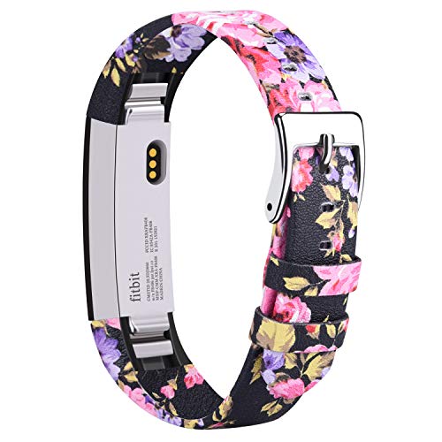 Vancle Leather Bands Compatible with Fitbit Alta/Fitbit Alta HR for Women Men, Adjustable Replacement Accessories Strap with Buckle for Fitbit Alta and Fitbit Alta HR (.Floral Pink)