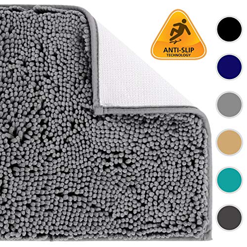 Book Cover Colorxy Shaggy Chenille Loop Bathroom Rugs - Solid Shag Washable Bath Mat Runner Non Slip, Soft, Plush for Bathroom Shower with Water Absorbent Memory Foam (Neutral Gray, 16'' X 24'')