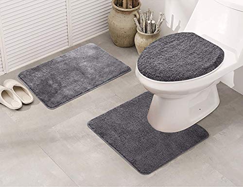 Book Cover Elegant Home 3 Piece Bathroom Rug Set Bath Rug, Contour Mat, & Lid Cover Non-Slip with Rubber Backing Solid Color # Angela (Charcoal)