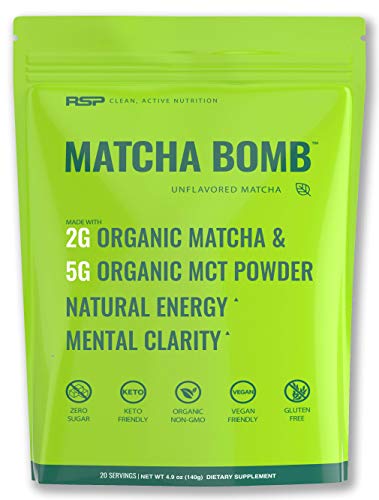 RSP Matcha Bomb (150g) - Organic Matcha Green Tea Powder with MCTs for Natural Energy and Clarity, Non-GMO, Keto Friendly, Vegan Friendly, Gluten Free, Unflavored Matcha (20 Servings)