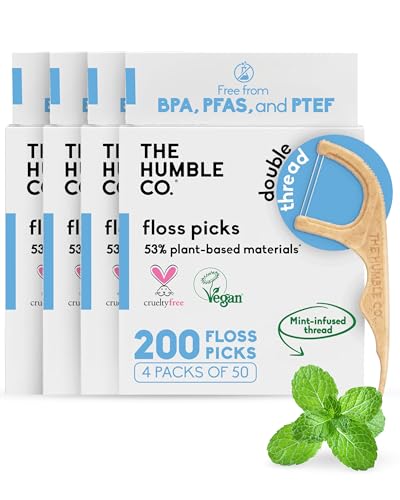 The Humble Co. Plant Based Floss Picks | Fresh Mint | Eco-Friendly, Vegan for Your Everyday Oral Care - Dentist Approved - Removes Plaque and Gives a Fresh Feel (4 x 50p)