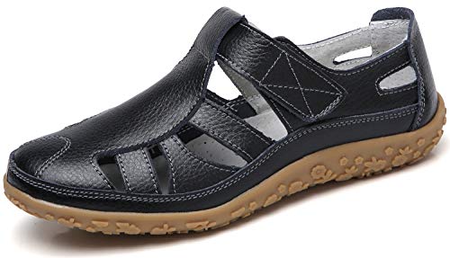 YOOEEN Womens Summer Leather Loafers Moccasins Hollow Out Casual Flats Breathable Closed Toe Sandals