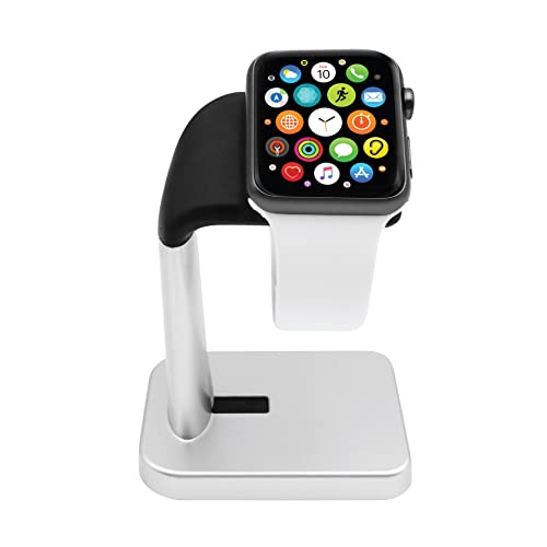 Book Cover Macally Apple Watch Charger Stand for Series 7/6 / 5/4 / 3/2 / 1 / SE (44mm, 42mm, 40mm, 38mm) - Minimalistic iWatch Charger Stand Dock - The Perfect Apple Watch Charging Station - Silver