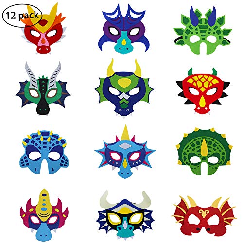 Book Cover iROLEWIN Kids Felt Dragon Masks for Boys Girls Dinosaur Party Dress Up Costume,12 Pak (Flying Dragon)