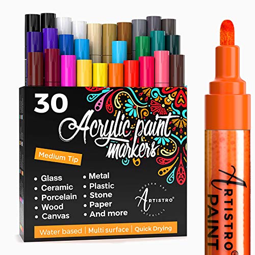 Acrylic Paint Pens â€“ 30 Acrylic Paint Markers Medium Tip (2mm) - Great for Rock Painting, Wood, Fabric, Card, Paper, Photo Album, Ceramic & Glass - 28 Colors + Extra Black & White Paint Marker Set