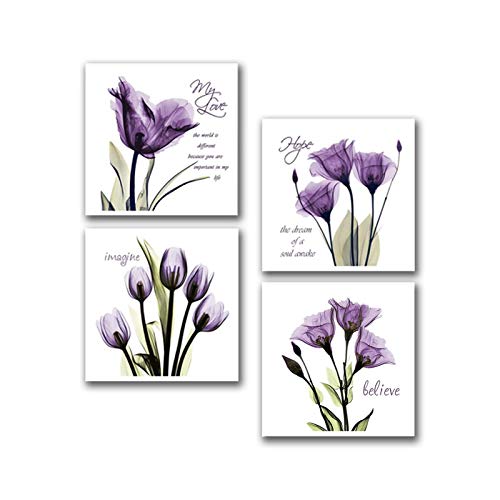 Book Cover Sweety Decor Purple Canvas Wall Art Painting - Flickering Flower Quotes Sayings Inspirational Wall Art for Home Decor, 12 x 12in x 4Panels